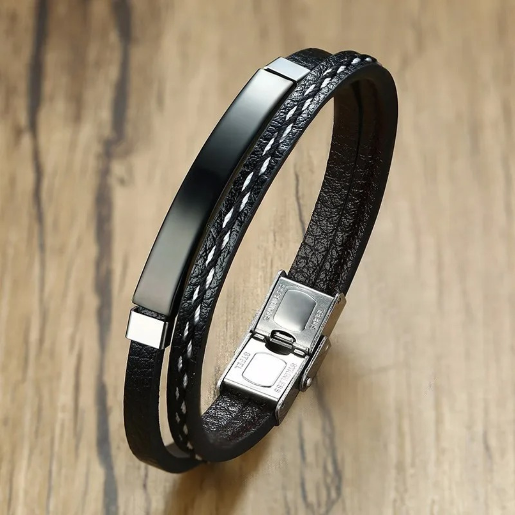Pulseira masculina Bari Ravien com couro e corrente de aço inox